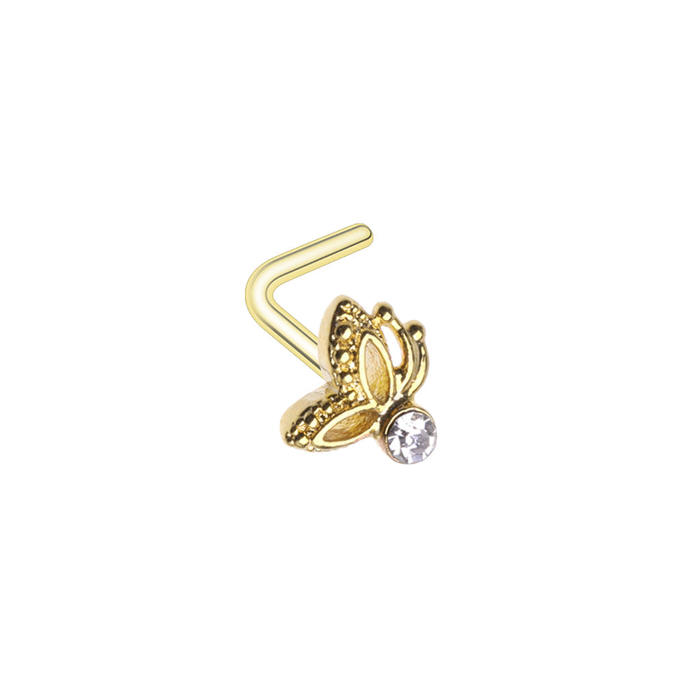 Fluttering Butterfly L-Bend Nose Stud - Gold Plated Stainless Steel