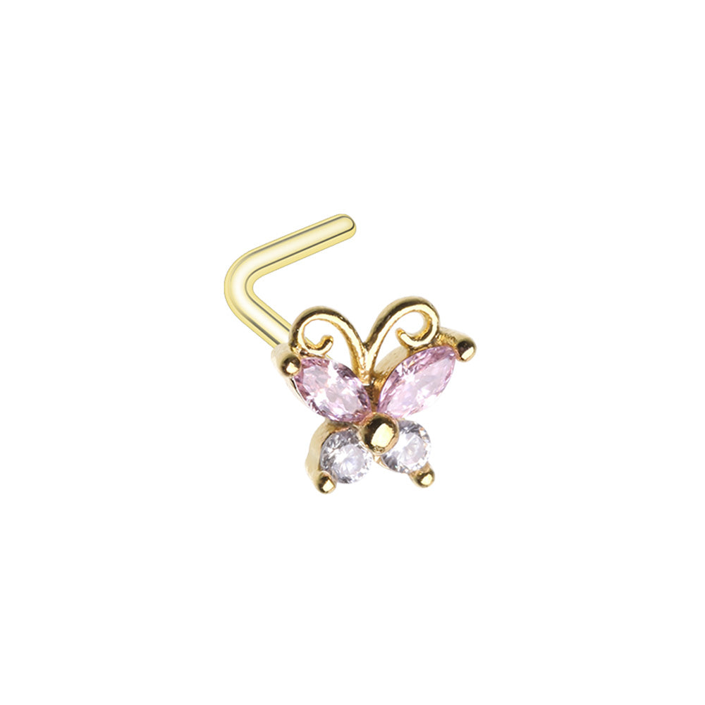 Pink Crystal Butterfly L-Bend Nose Stud - Gold Plated Stainless Steel