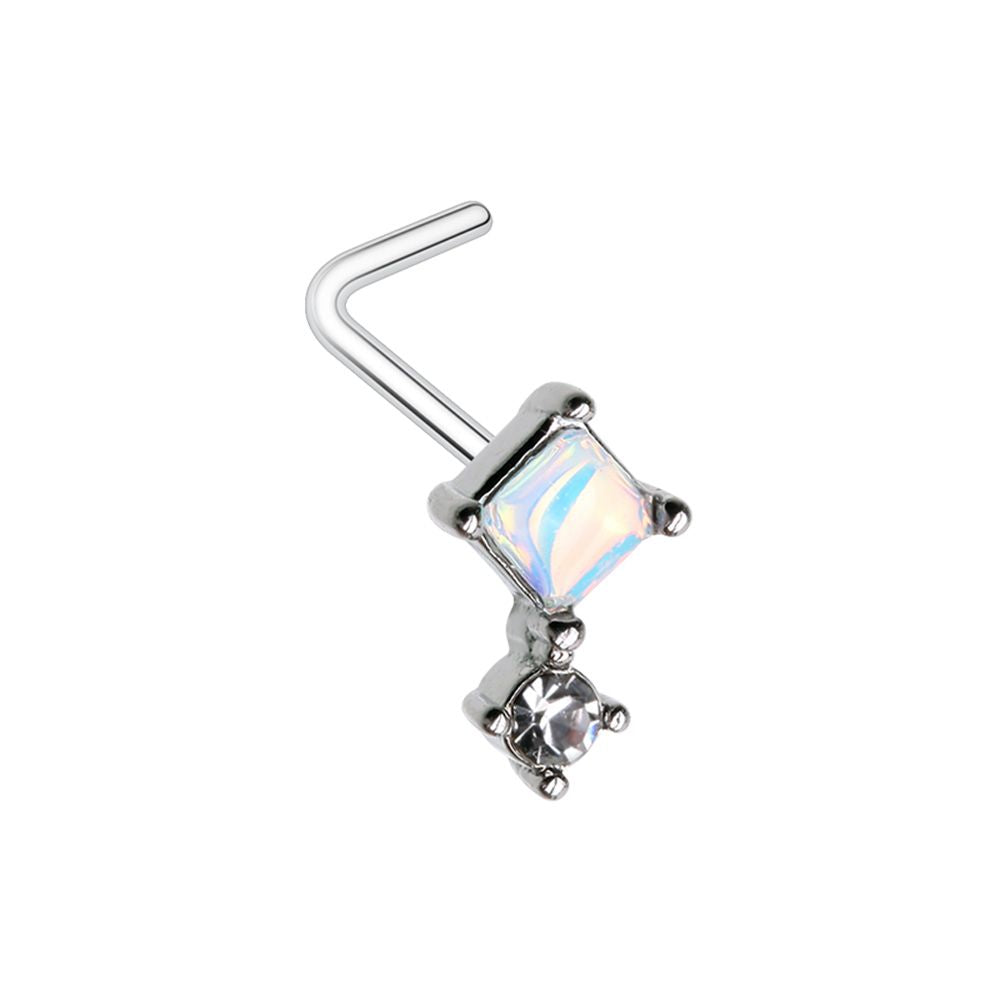 Diamond Shaped Moonstone with Dangling Gem L-Bend Nose Stud - Stainless Steel