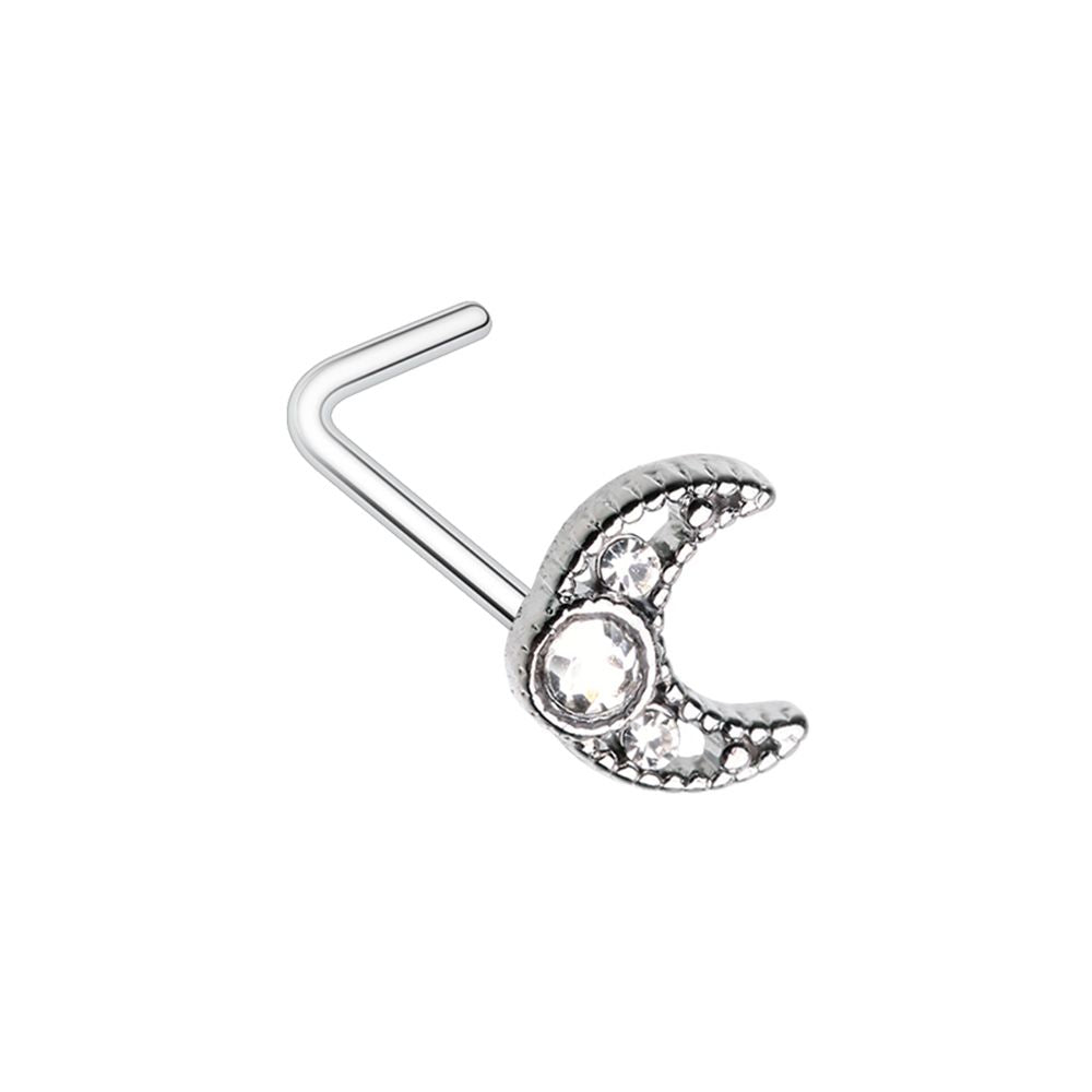 Gemmed Crescent Moon L-Bend Nose Stud - Stainless Steel