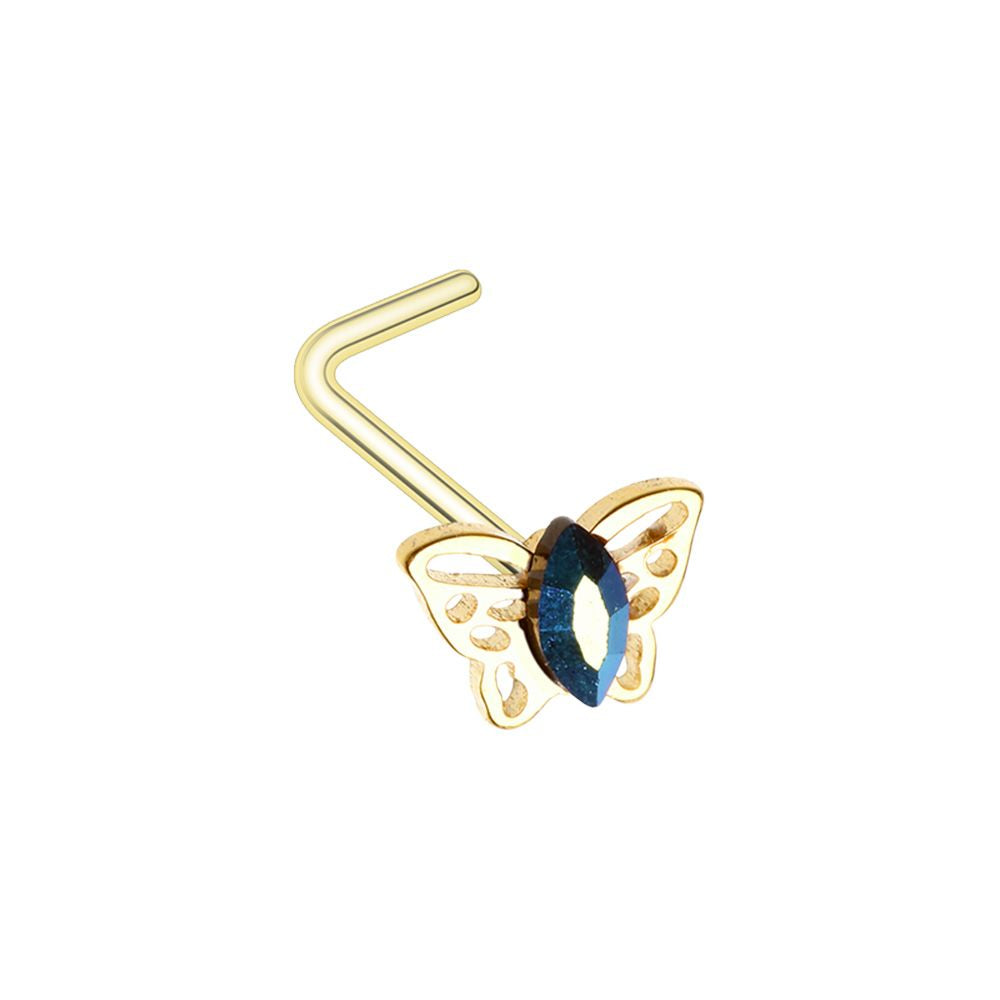 Crystal Marquise Butterfly L-Bend Nose Stud - Gold Tone Stainless Steel