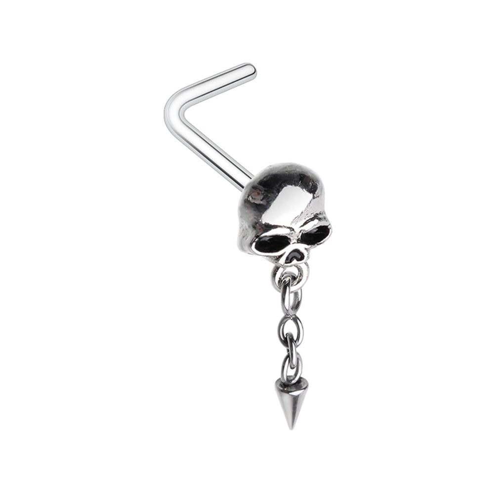 Skull with Dangling Chain Spike L-Bend Nose Stud - Stainless Steel