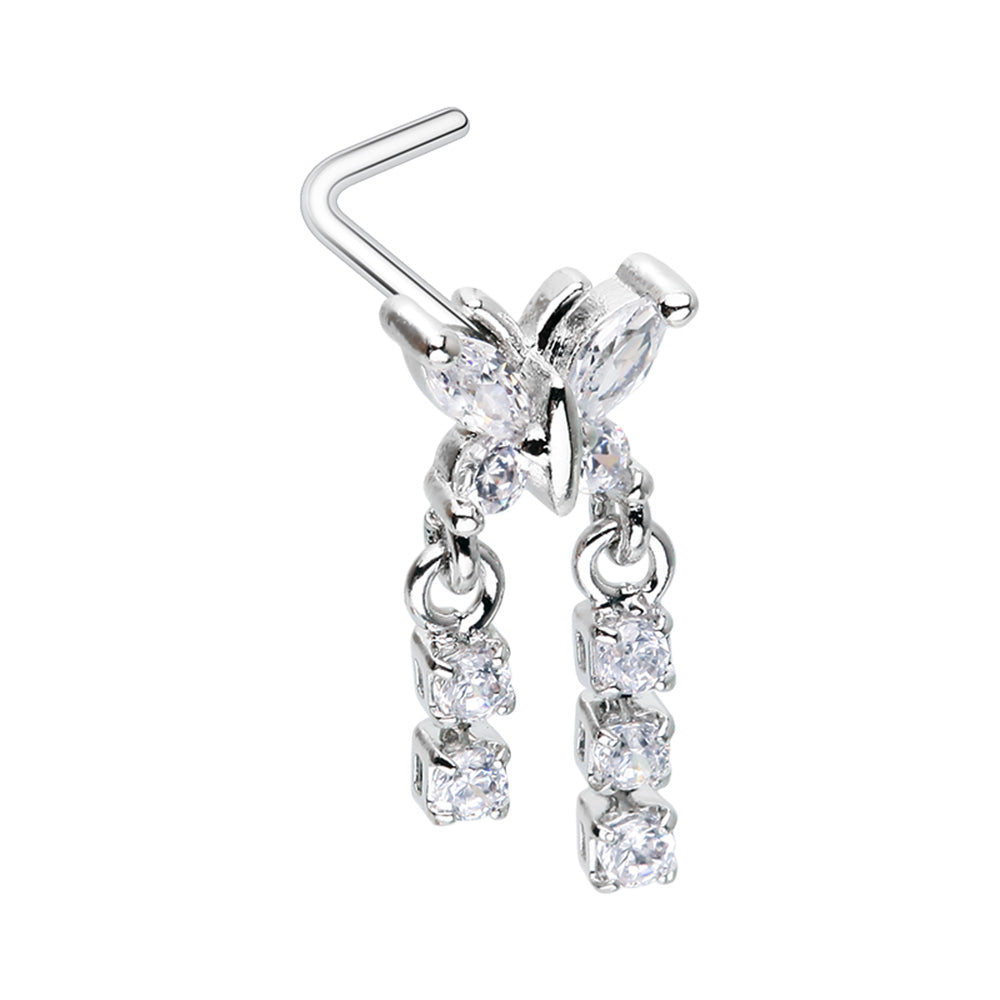 CZ Crystal Butterfly with Double Dangling Chain L-Bend Nose Stud - Stainless Steel