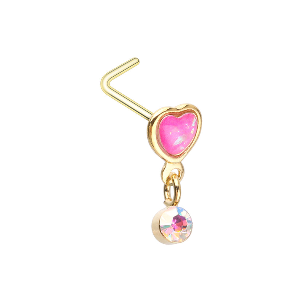 Pink Heart with Dangling Aurora Borealis Gem L-Bend Nose Stud - Gold Plated 316L Stainless Steel
