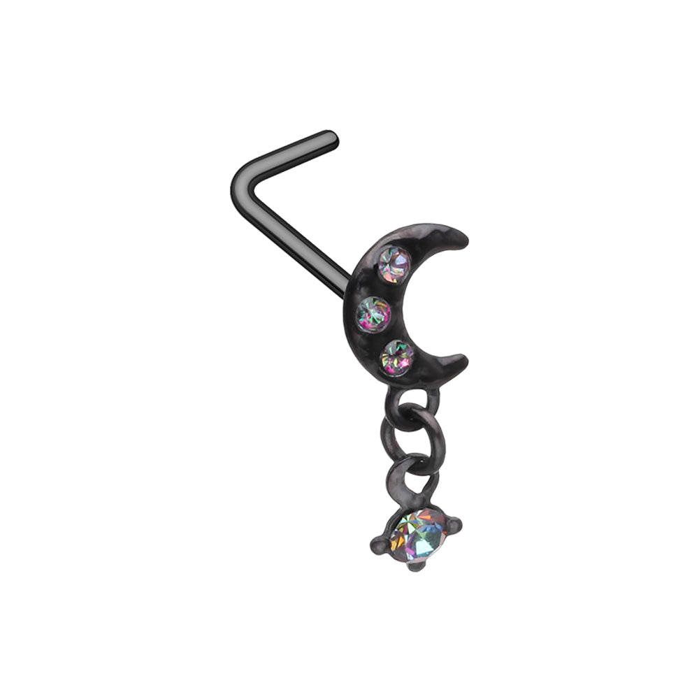 Crescent Moon with Dangling Gem L-Bend Nose Stud - Black 316L Stainless Steel