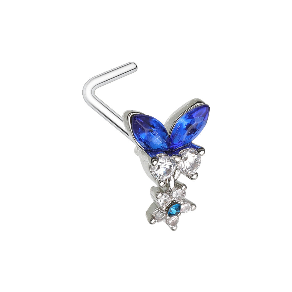 Blue CZ Crystal Butterfly with Dangling Flower L-Bend Nose Stud - 316L Stainless Steel
