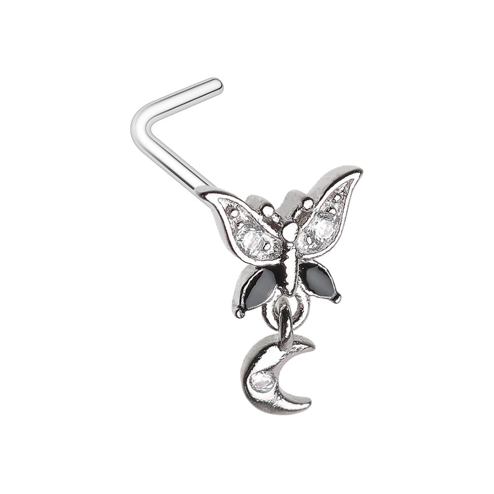Black CZ Crystal Butterfly with Dangling Moon L-Bend Nose Stud - 316L Stainless Steel