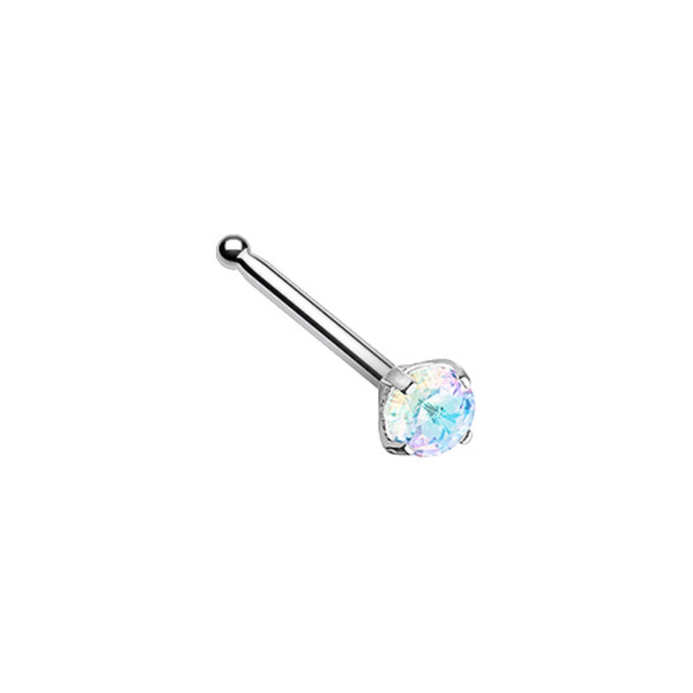 Prong Set Iridescent Crystal Gem Nose Bone Stud - Stainless Steel