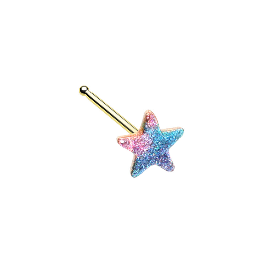Pink and Blue Glitter Star Nose Bone Stud - Gold Plated Stainless Steel