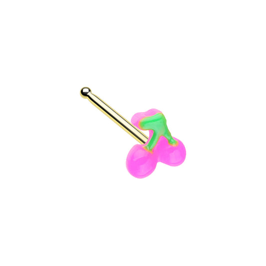 Hot Pink Kawaii Cherry Nose Bone Stud - Gold Plated Stainless Steel
