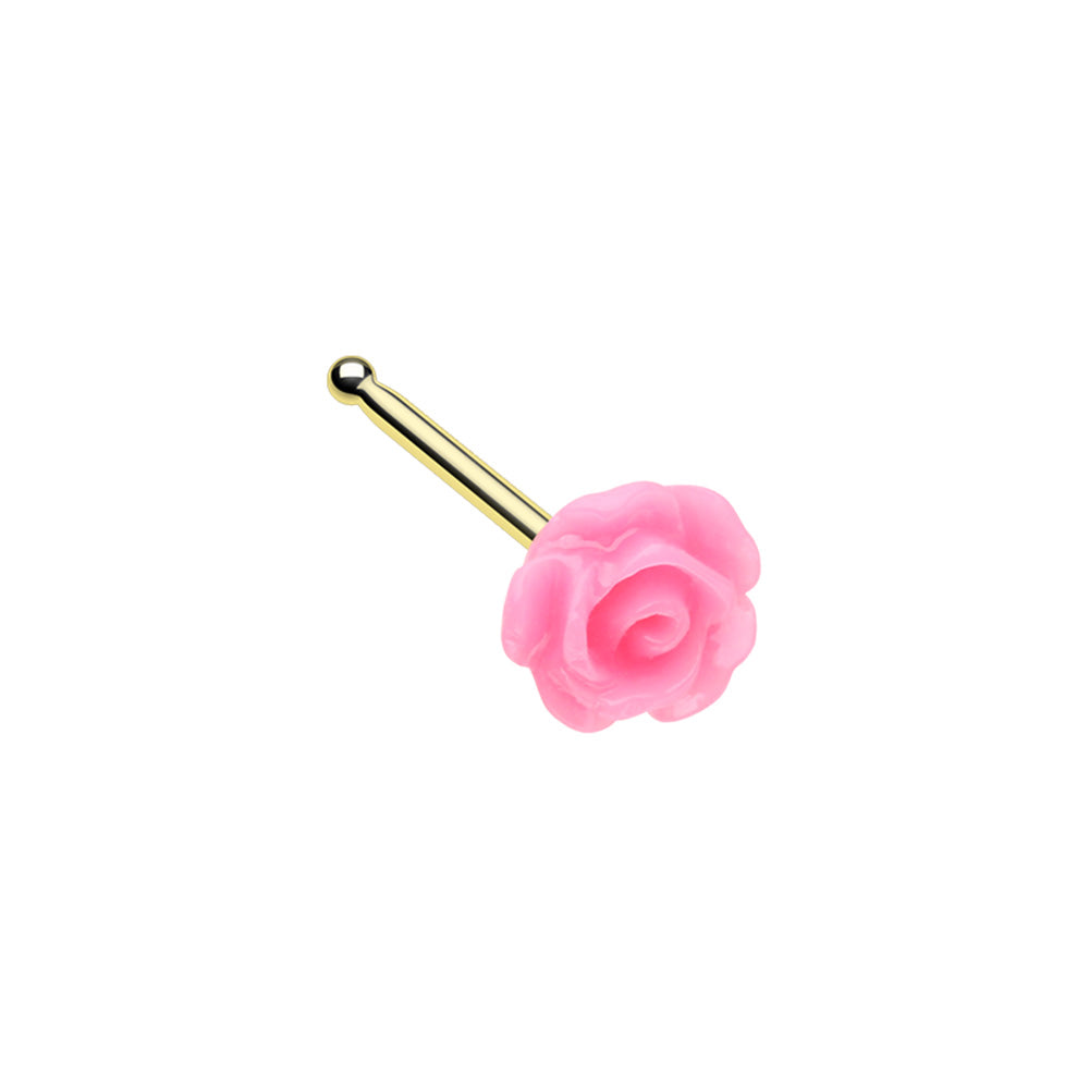 Pink Rose Nose Bone Stud - Gold Plated Stainless Steel