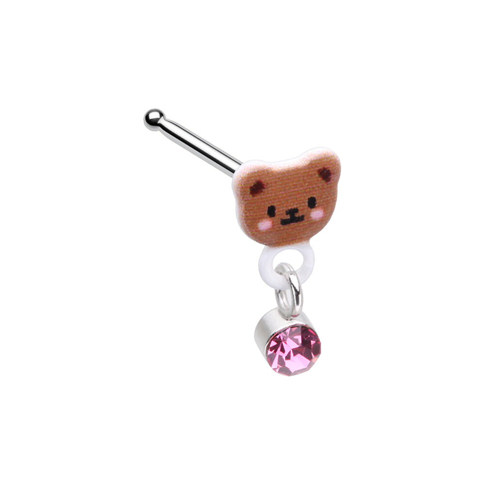 Teddy Bear with Dangling Pink Gem Nose Bone Stud - Stainless Steel