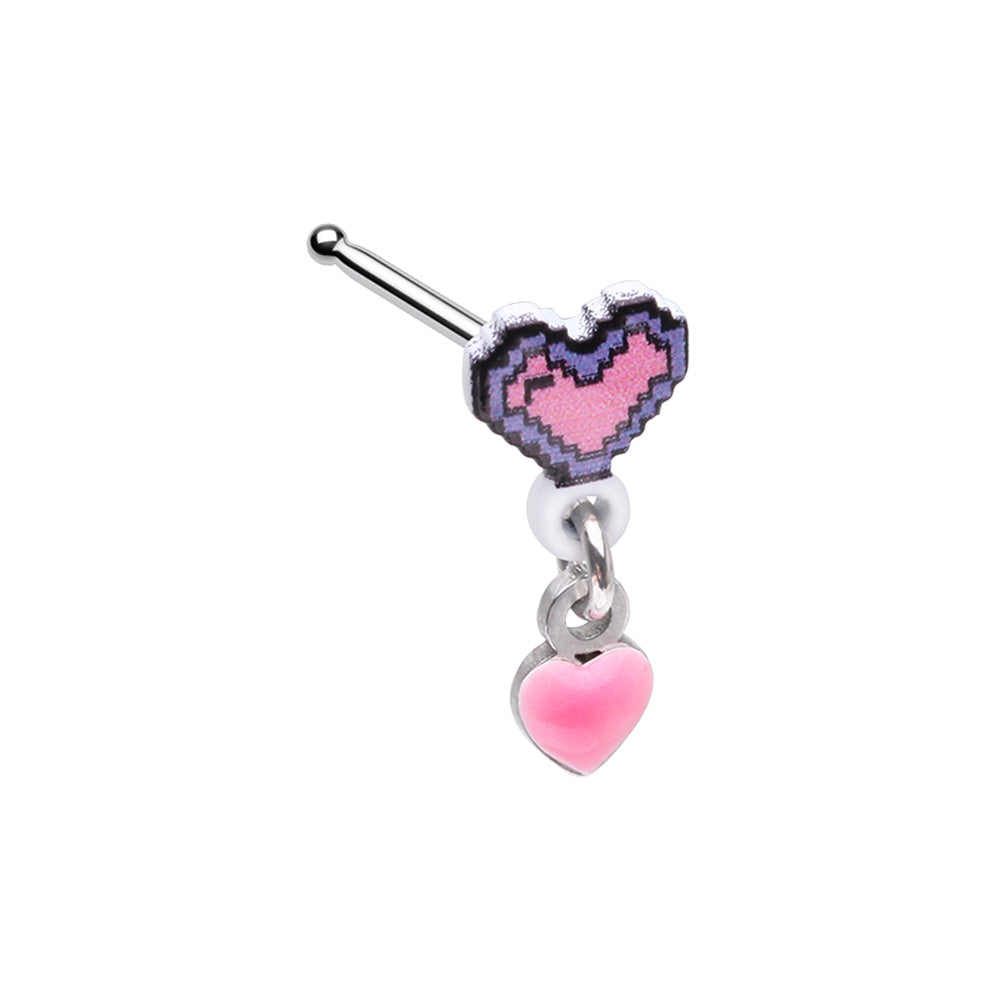 Gamer Pixelated Heart with Dangling Pink Heart Nose Bone Stud - Stainless Steel