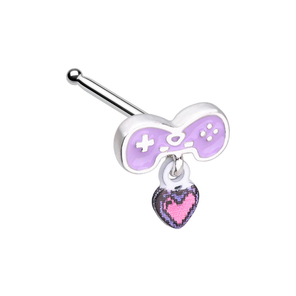 Purple Game Controller with Dangling Heart Nose Bone Stud - Stainless Steel