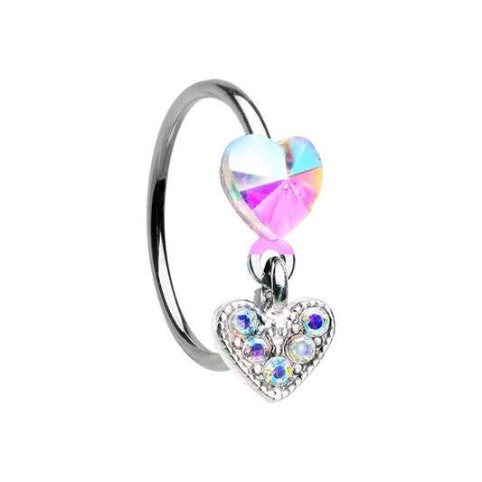 Aurora Borealis CZ Crystal Double Dangling Heart Bendable Nose Ring - Stainless Steel