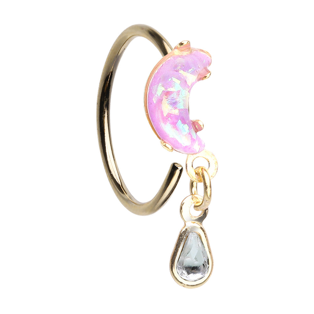 Opalite Moon with Dangling Gem Bendable Nose Ring - Gold Plated Stainless Steel