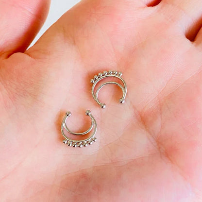 Beaded Double Hoop Clip On Non-Piercing Septum Ring - 316L Stainless Steel