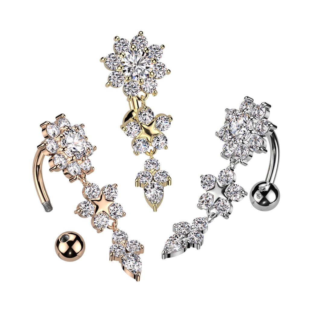CZ Crystal Double Flower Top Drop Reverse Belly Button Ring - 316L Stainless Steel