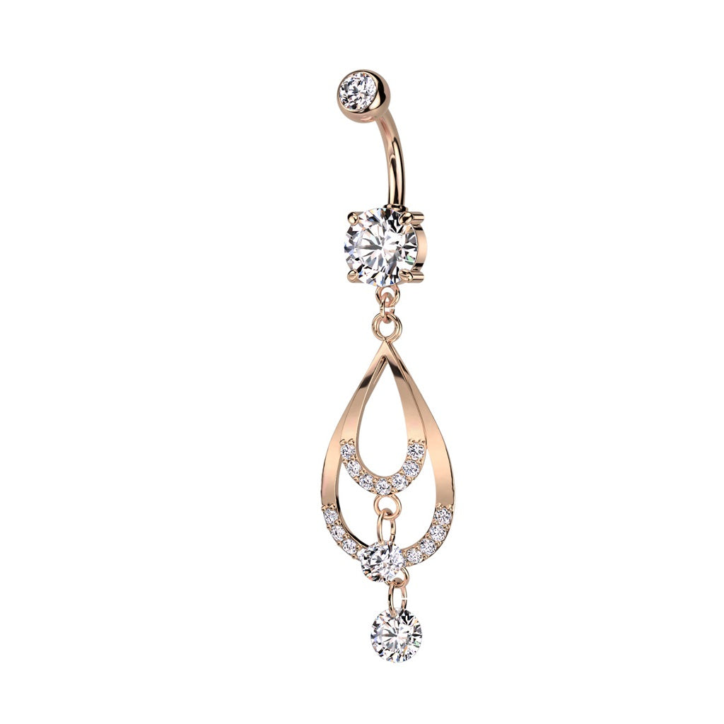 Double CZ Crystal Paved Tear Drop Dangling Belly Button Ring - 316L Stainless Steel