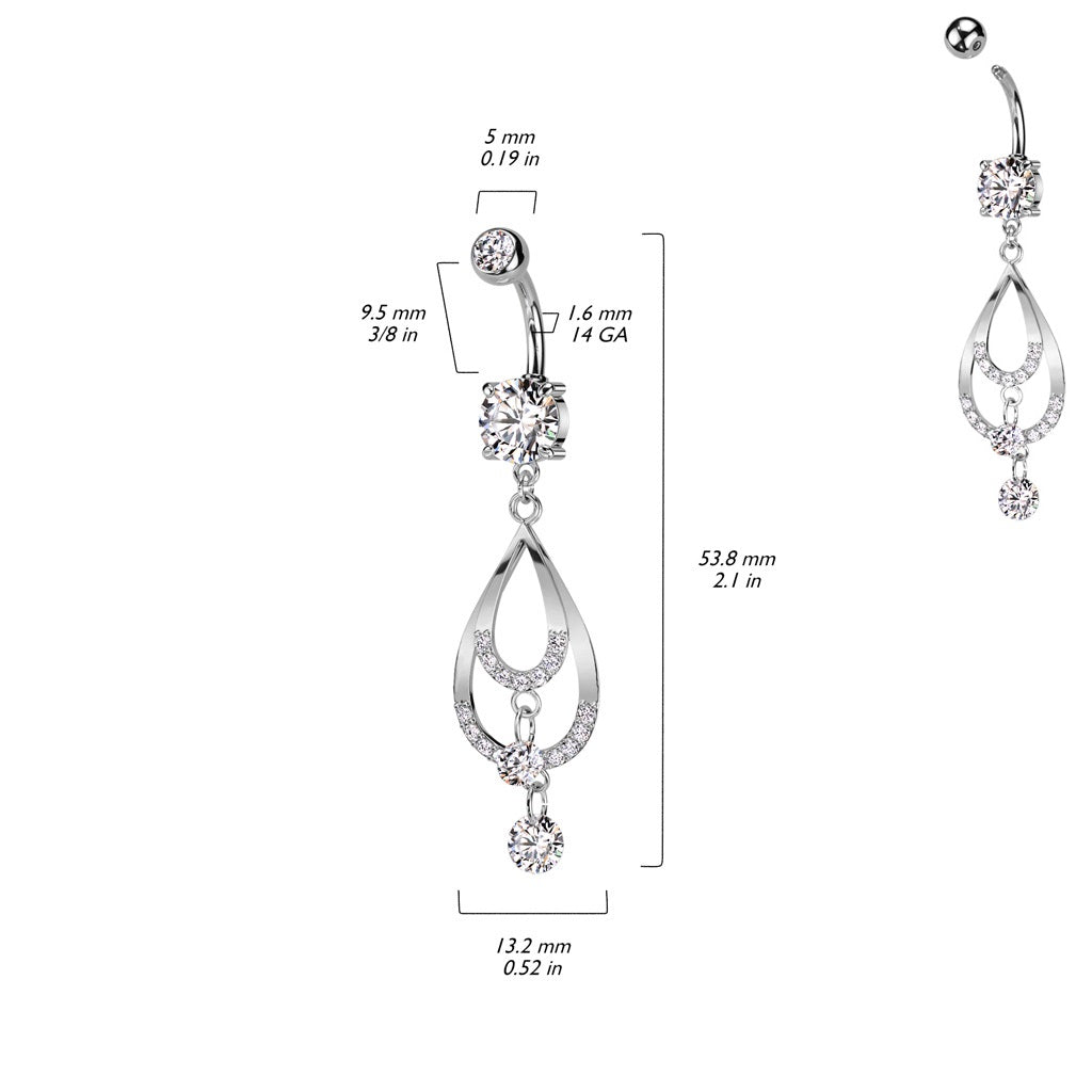 Double CZ Crystal Paved Tear Drop Dangling Belly Button Ring - 316L Stainless Steel