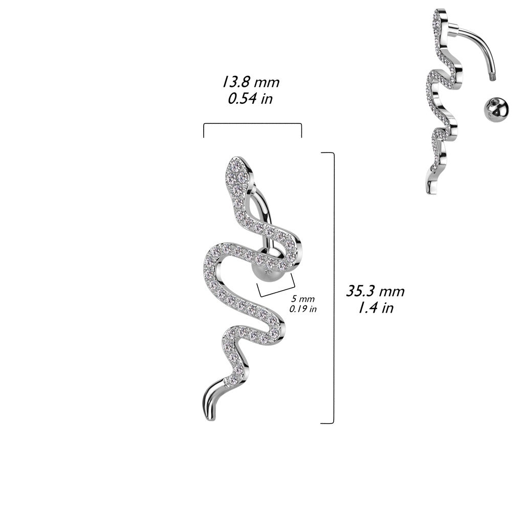 CZ Crystal Snake Top Drop Reverse Belly Button Ring - 316L Stainless Steel