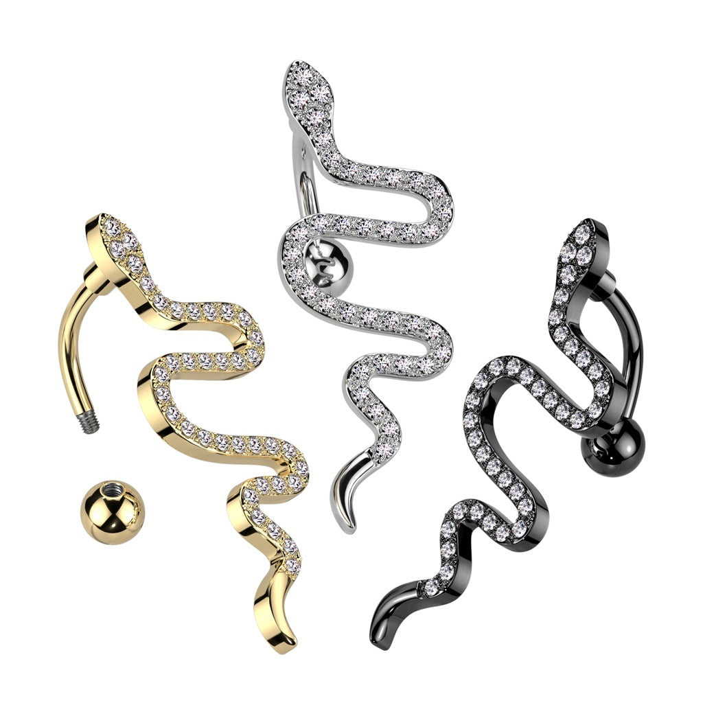 CZ Crystal Snake Top Drop Reverse Belly Button Ring - 316L Stainless Steel
