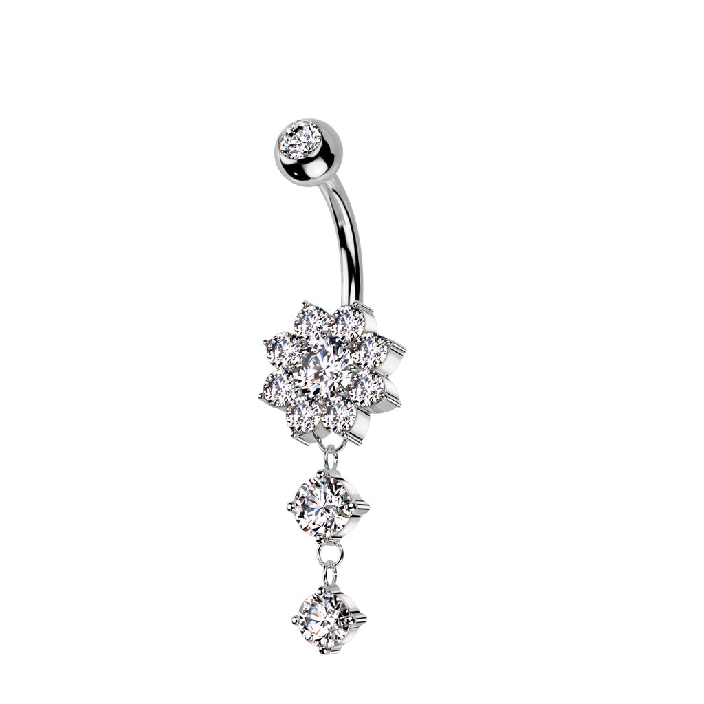 CZ Crystal Flower with Dangling Double Gem Drop Belly Button Ring - 316L Stainless Steel