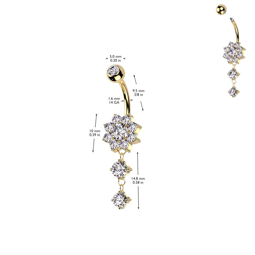 CZ Crystal Flower with Dangling Double Gem Drop Belly Button Ring - 316L Stainless Steel