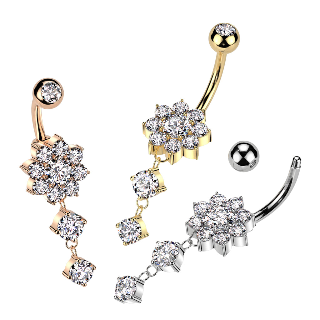 CZ Crystal Flower with Dangling Double Gem Drop Belly Button Ring - 316L Stainless Steel