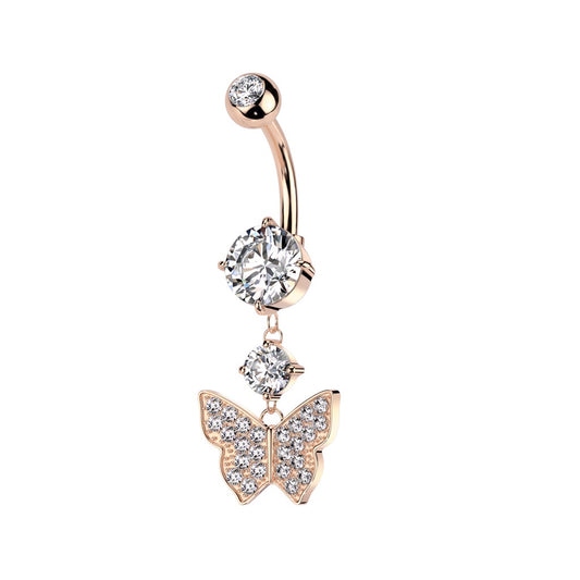 CZ Crystal Dangling Butterfly Drop Belly Button Ring - 316L Stainless Steel