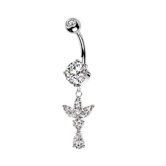 CZ Crystal Triple Marquise Leaf Dangling Belly Button Ring - 316L Stainless Steel