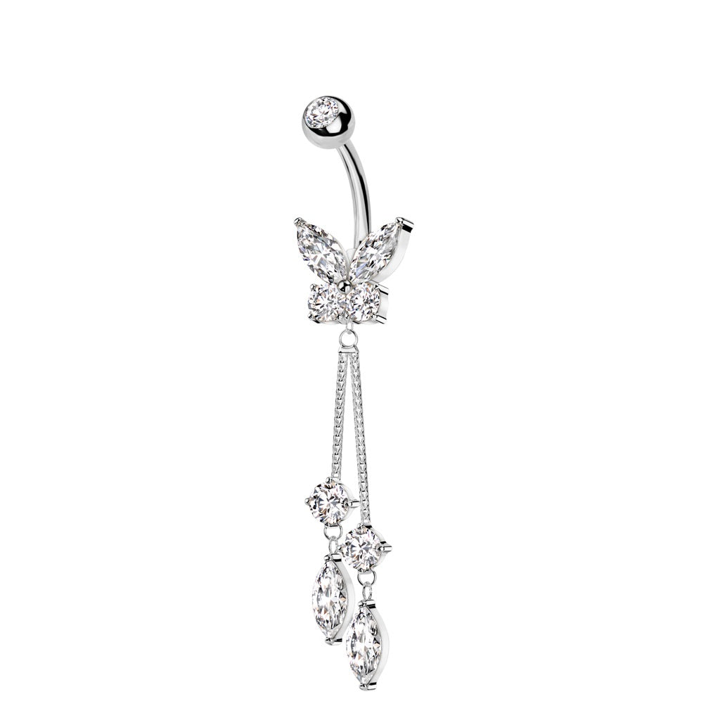 CZ Crystal Butterfly with Double Dangling Marquise Belly Button Ring - 316L Stainless Steel