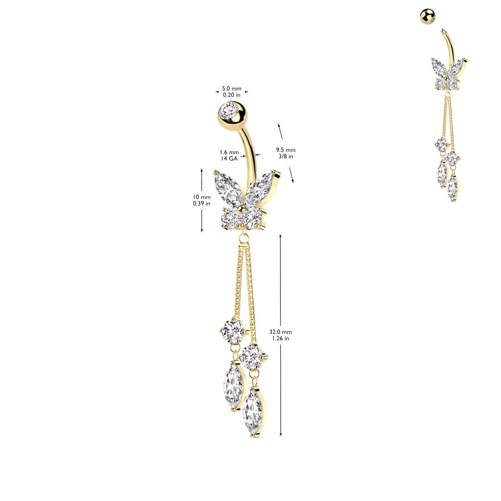 CZ Crystal Butterfly with Double Dangling Marquise Belly Button Ring - 316L Stainless Steel