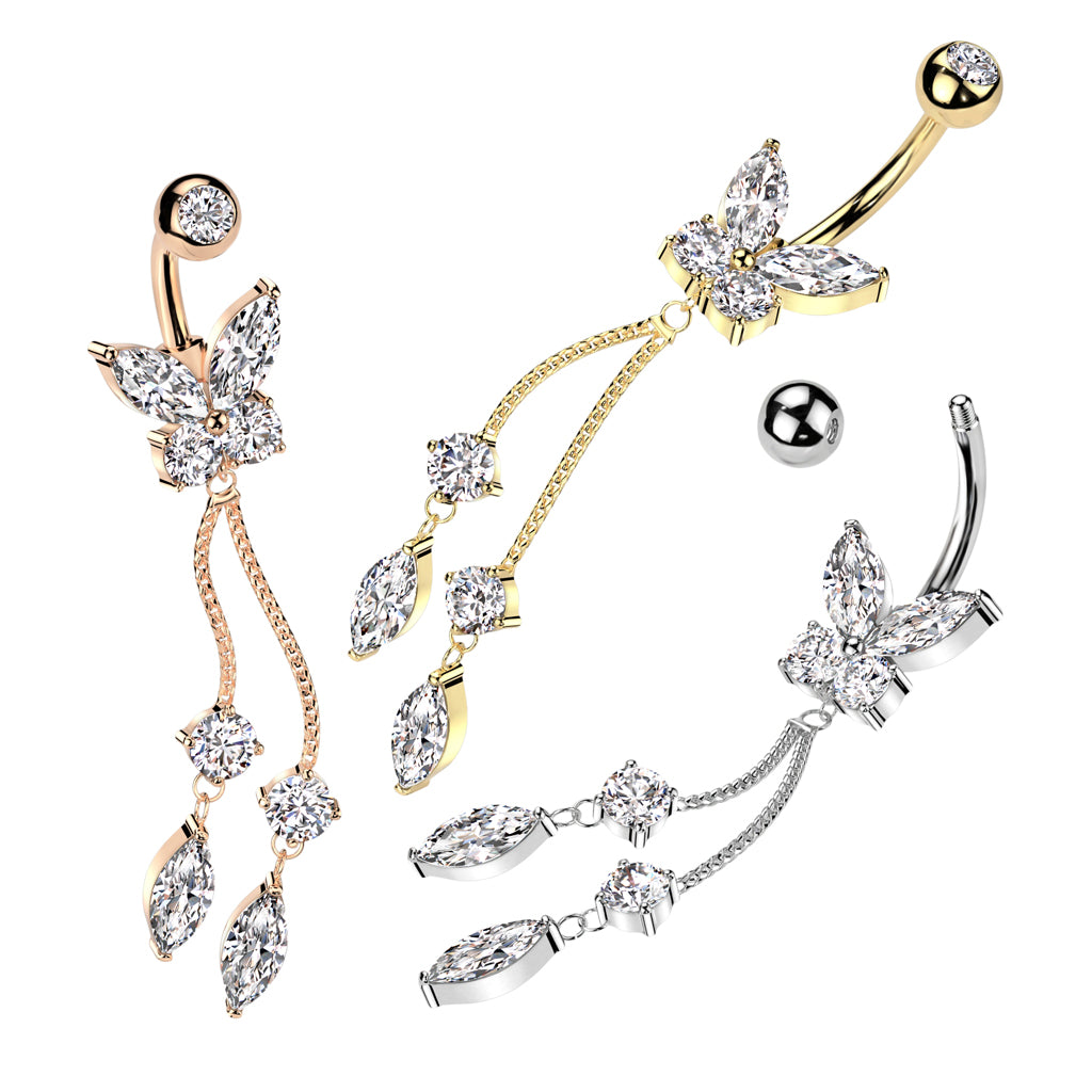 CZ Crystal Butterfly with Double Dangling Marquise Belly Button Ring - 316L Stainless Steel