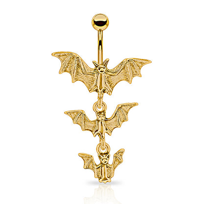 Gothic Triple Vampire Bat Dangling Belly Button Ring - Stainless Steel