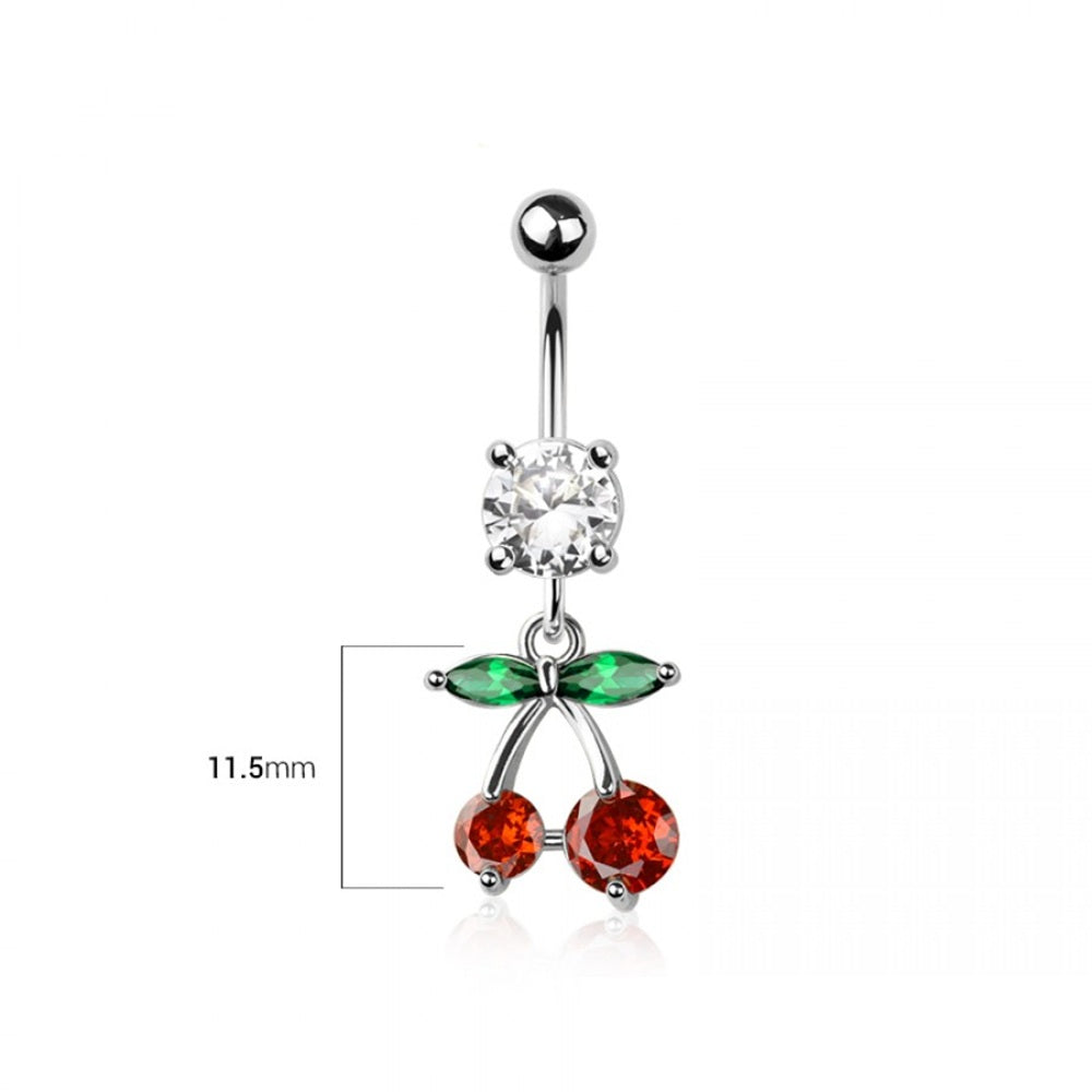 CZ Crystal Cherry Dangling Belly Button Ring - 316L Stainless Steel