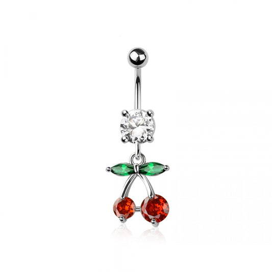 CZ Crystal Cherry Dangling Belly Button Ring - 316L Stainless Steel