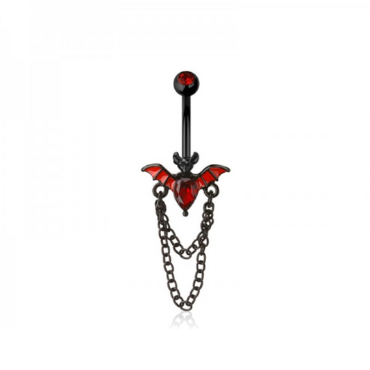 Red CZ Crystal Bat with Dangling Chains Belly Button Ring - Black 316L Stainless Steel
