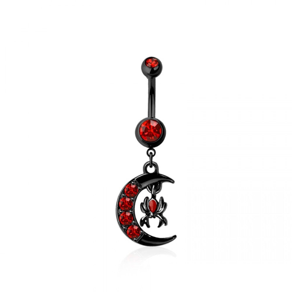 Red CZ Crystal Crescent Moon with Dangling Spider Belly Button Ring - 316L Stainless Steel