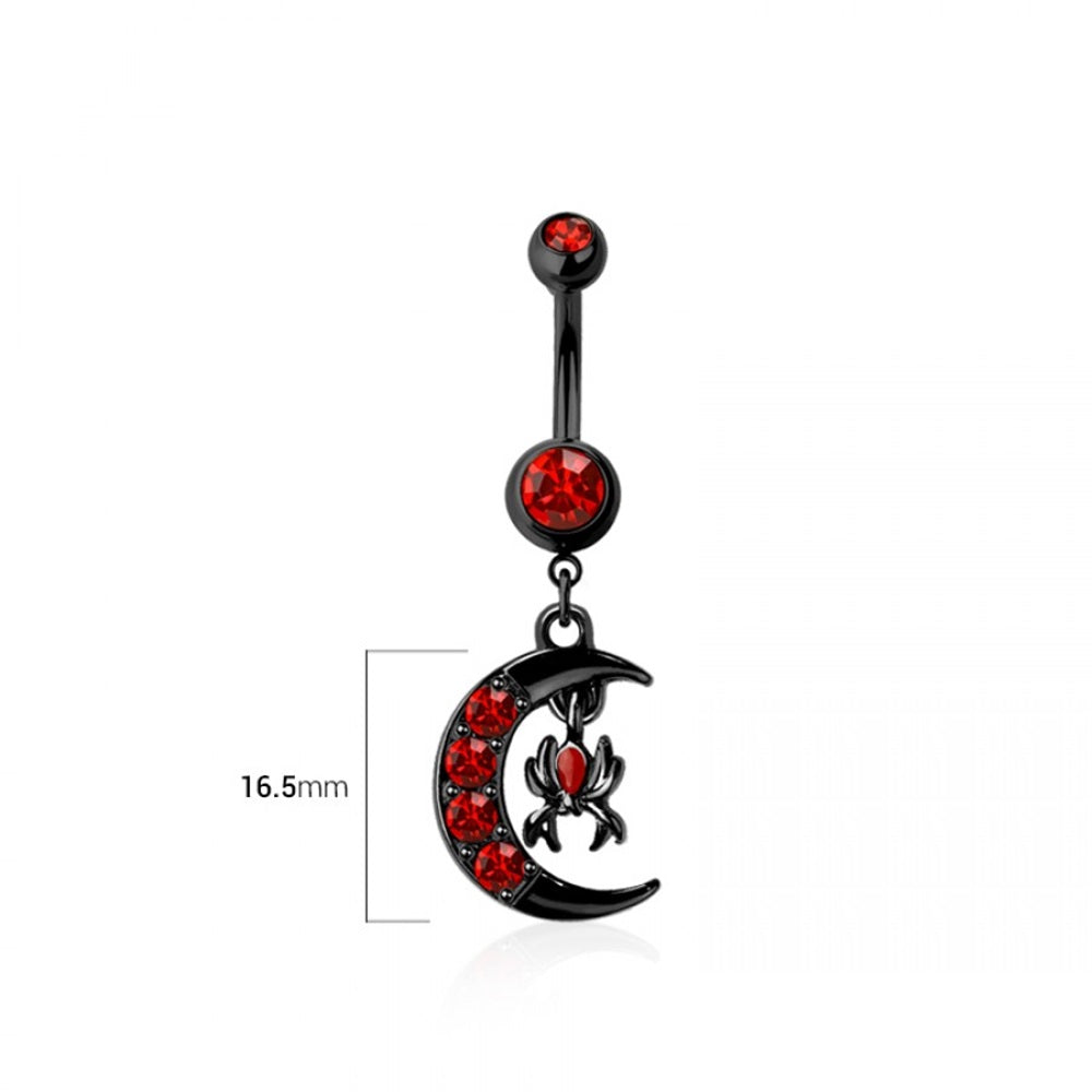 Red CZ Crystal Crescent Moon with Dangling Spider Belly Button Ring - 316L Stainless Steel