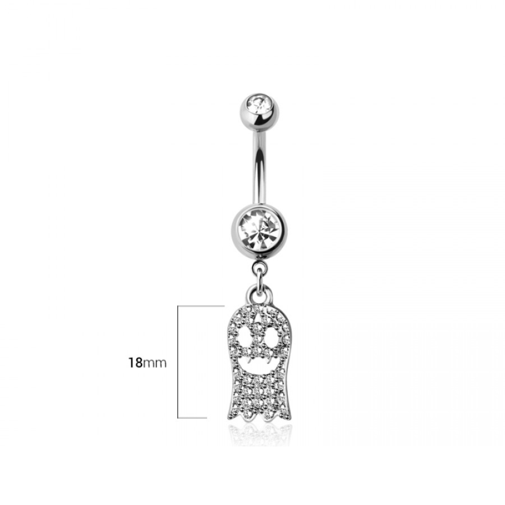 CZ Crystal Smiling Ghost Dangling Belly Button Ring - 316L Stainless Steel