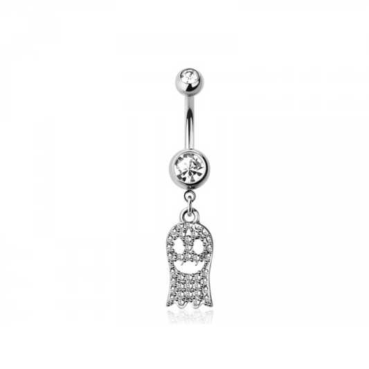 CZ Crystal Smiling Ghost Dangling Belly Button Ring - 316L Stainless Steel