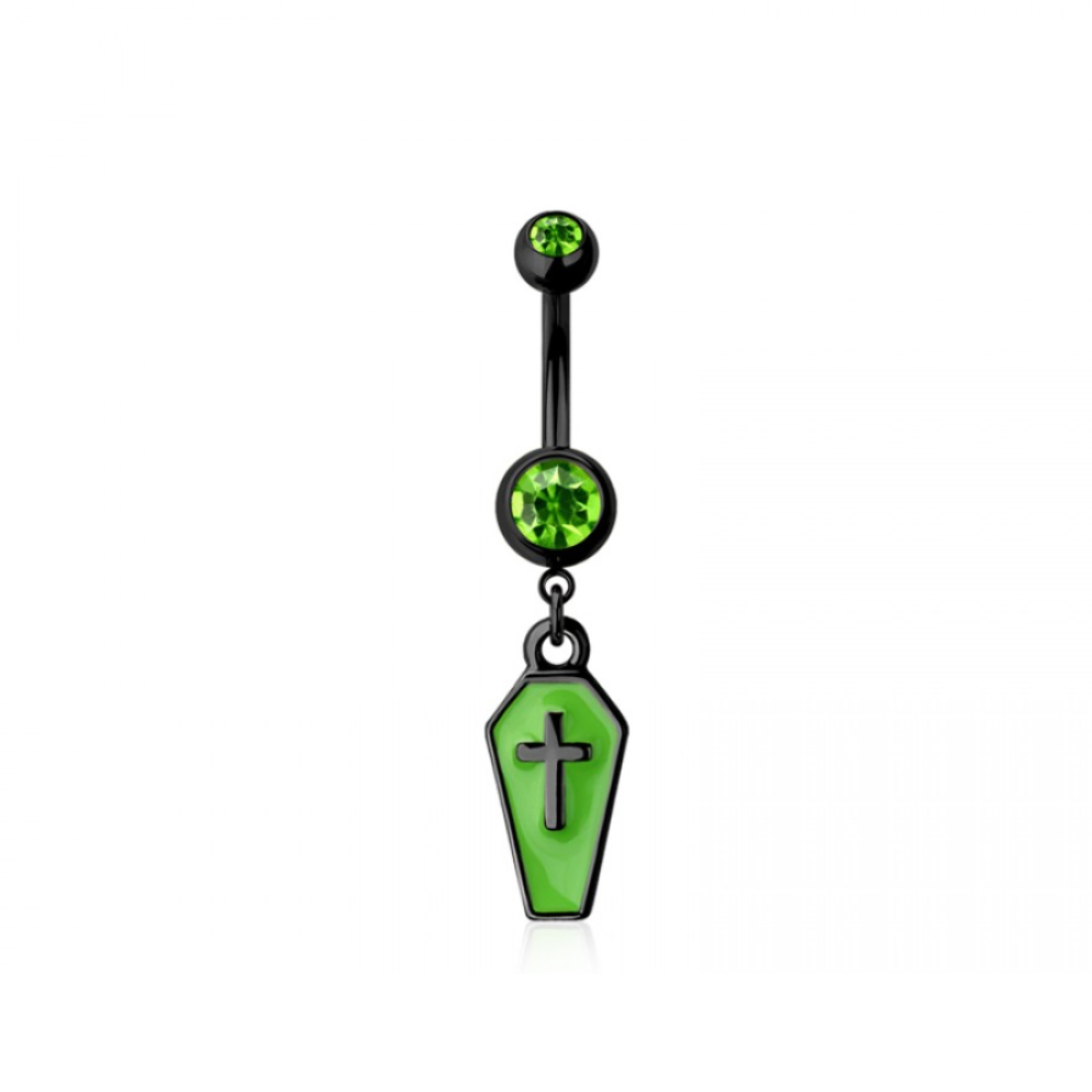 CZ Crystal Enamel Cross Coffin Dangling Belly Button Ring - 316L Stainless Steel