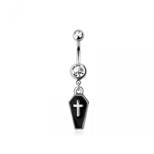 CZ Crystal Enamel Cross Coffin Dangling Belly Button Ring - 316L Stainless Steel