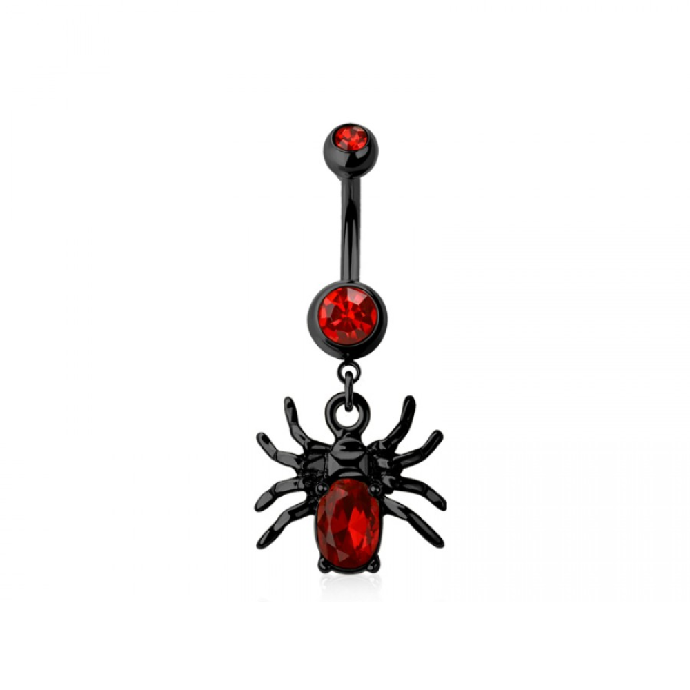 Red CZ Crystal Spider Dangling Belly Button Ring - 316L Stainless Steel