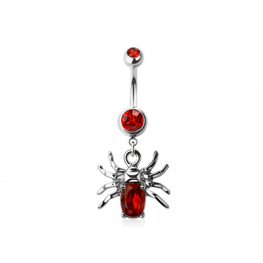 Red CZ Crystal Spider Dangling Belly Button Ring - 316L Stainless Steel