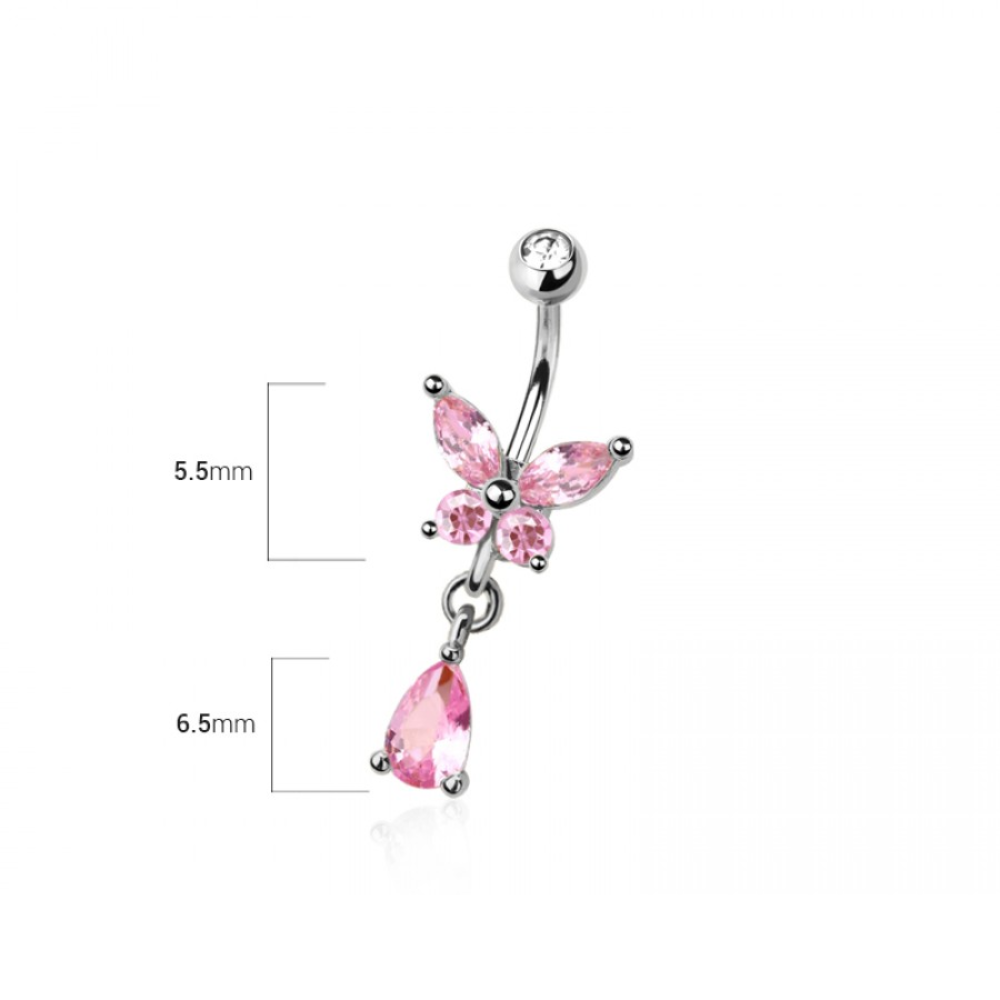 Pink CZ Crystal Butterfly with Dangling Gem Belly Button Ring - 316L Stainless Steel