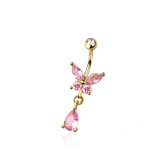 Pink CZ Crystal Butterfly with Dangling Gem Belly Button Ring - 316L Stainless Steel