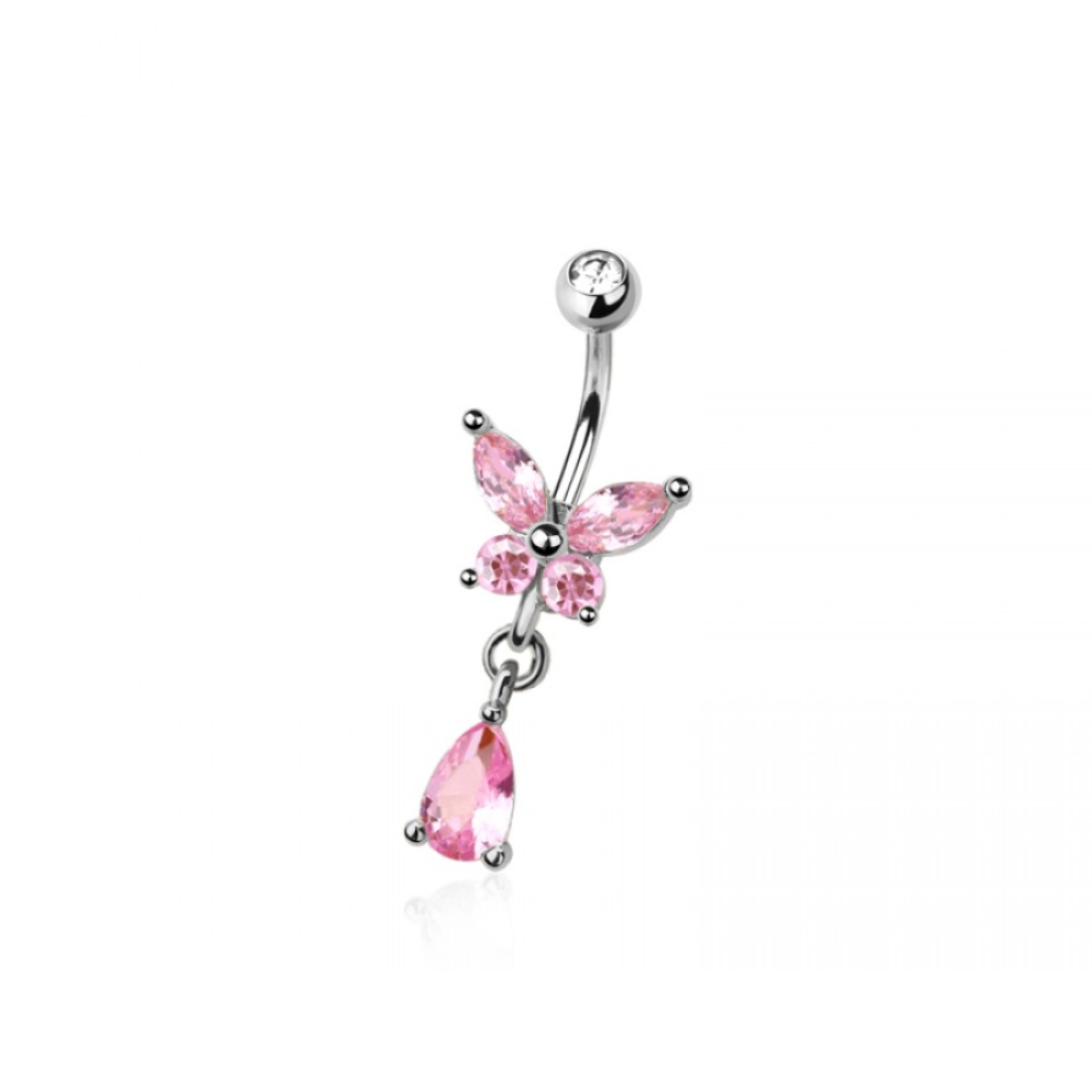 Pink CZ Crystal Butterfly with Dangling Gem Belly Button Ring - 316L Stainless Steel