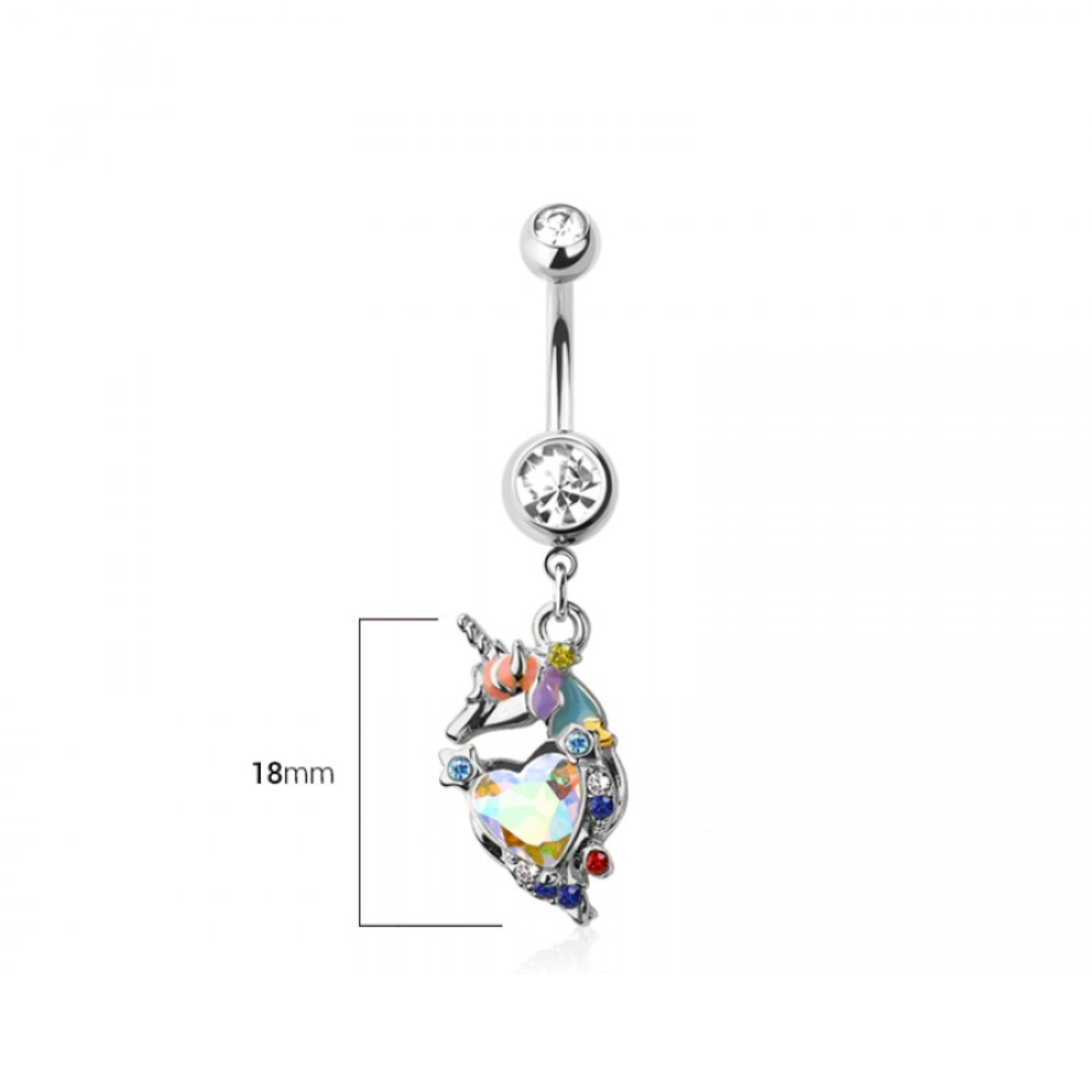 CZ Crystal Unicorn Dangling Belly Button Ring - 316L Stainless Steel